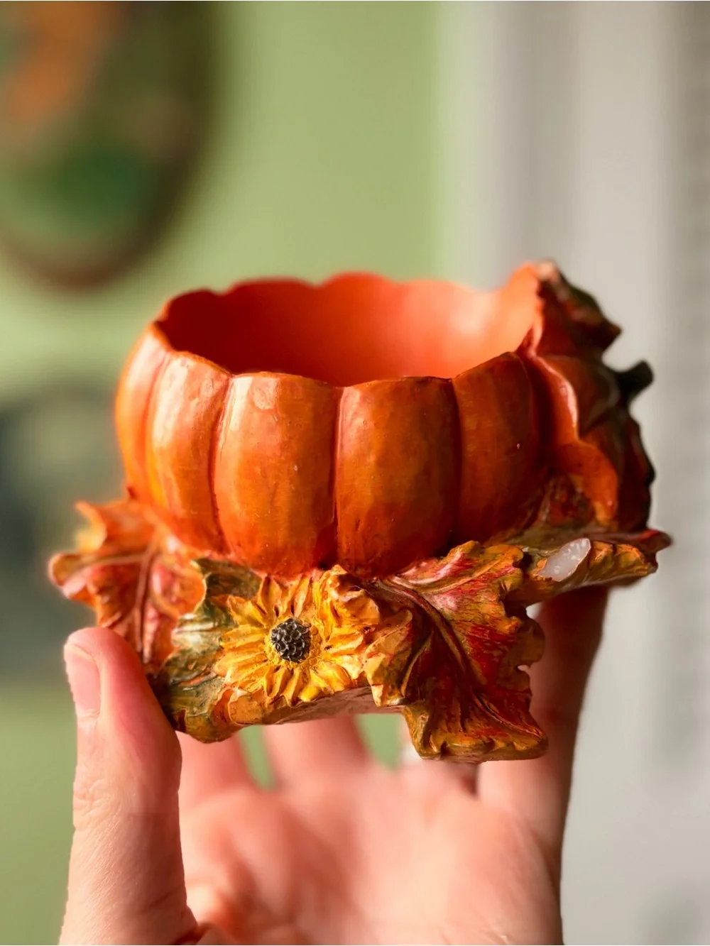 Pumpkin Seasonall Fall Tealight Holder Accent Orange & Floral Sunflowers